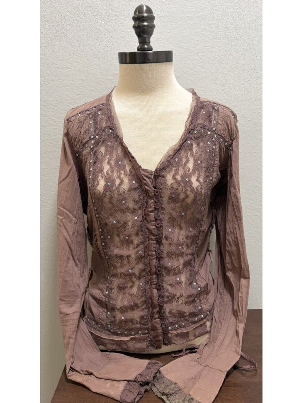 Y2K By Deep L.A Boho Lace Cinched Waist Long Sleeve Brown M